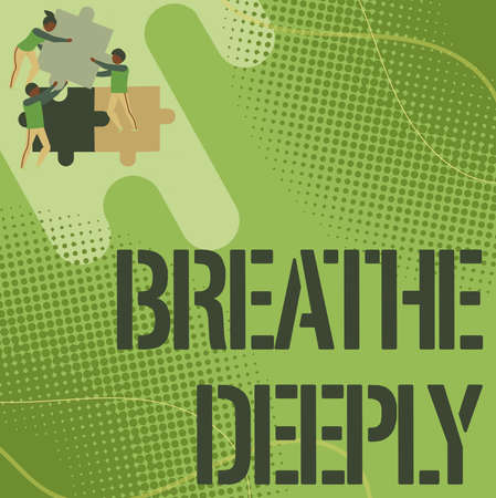 Conceptual caption Breathe Deeply. Business idea to take a large breath of air into your lungs To pause Team Holding Jigsaw Pieces Helping Each Others To Solve The Problem.の写真素材