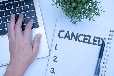 Conceptual display Canceled. Business approach to decide not to conduct or perform something planned or expected Office Supplies Over Desk With Keyboard And Glasses And Coffee Cup For Workingの写真素材