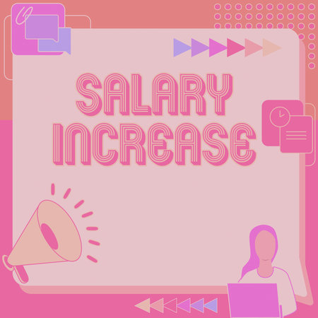 Conceptual caption Salary Increase. Business idea an increase in the salary or pay given to an employee Woman Drawing Sitting Working Next To Megaphone Making New Announcementの写真素材
