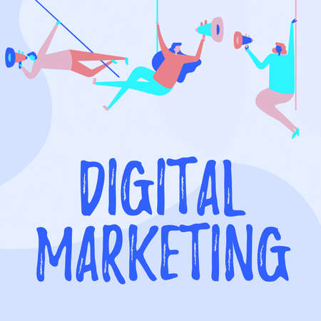 Hand writing sign Digital Marketing. Business approach Search Engine Optimazation Pay Per Click Ad Internet People Drawing Hanging At Ceiling With Megaphones Making Announcement.の写真素材