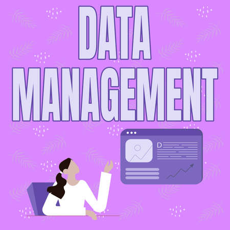 Writing displaying text Data Management. Word for The practice of organizing and maintaining data processes Line Drawing For Lady Sitting Presenting New Ideas With Web Browser Screenの写真素材