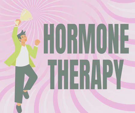 Text showing inspiration Hormone Therapy. Concept meaning use of hormones in treating of menopausal symptoms Gentleman Jumping Excitedly Holding Trophy Showing Accomplishments.の写真素材