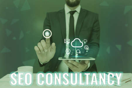 Inspiration showing sign Seo Consultancy. Internet Concept specialize in evaluating an organization...