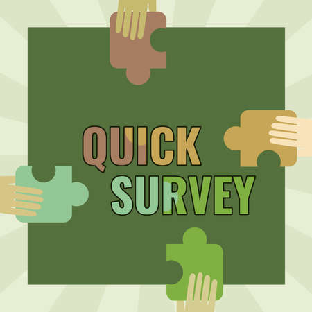 Text showing inspiration Quick Survey. Conceptual photo questionnaire that the target audience can complete right away Illustration Of Hands Holding Puzzle Pieces Each Sides Of Box.の写真素材