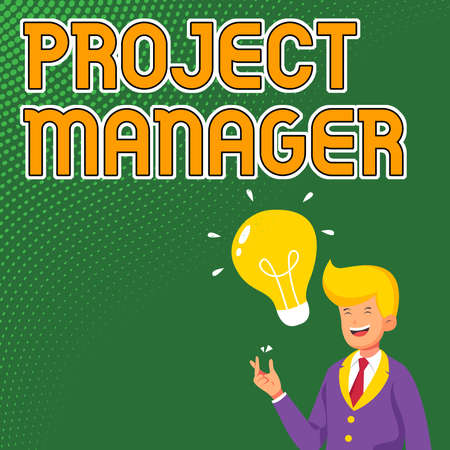 Text showing inspiration Project Manager. Business overview overall charge of the planning and execution of a project Gentleman Drawing Standing Having New Idea Presented With Light Bulb.の写真素材