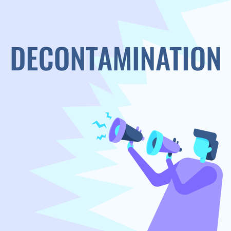 Conceptual caption Decontamination. Business overview neutralizing every presence of hazardous substances Businessman Drawing Holding A Pair Of Megaphones Making New Announcement.の写真素材