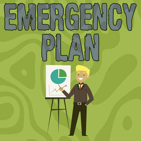 Hand writing sign Emergency Plan. Business idea Procedures for response to major emergencies Be prepared Businessman Wearing Casual Standing Presenting Charts And Ideas.の写真素材