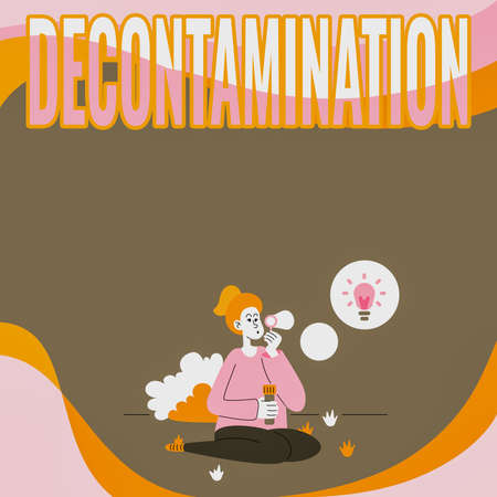 Inspiration showing sign Decontamination. Concept meaning neutralizing every presence of hazardous substances Lady Sitting In Park Blowing Balloons Thinking Of New Thoughts With Idea Lamp.の写真素材