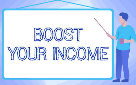 Conceptual display Boost Your Income. Business showcase Increase your money Investment Freelancing Trading School Instructor Drawing Pointing Stick Whiteboard While Holding Cup.の写真素材