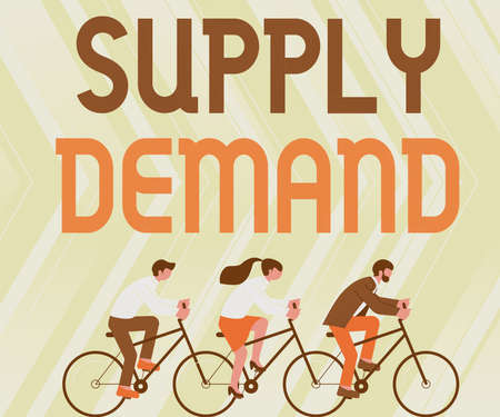 Hand writing sign Supply Demand. Conceptual photo Relationship between the amounts available and wanted Three Colleagues Riding Bicycle Representing Successful Teamwork.の写真素材