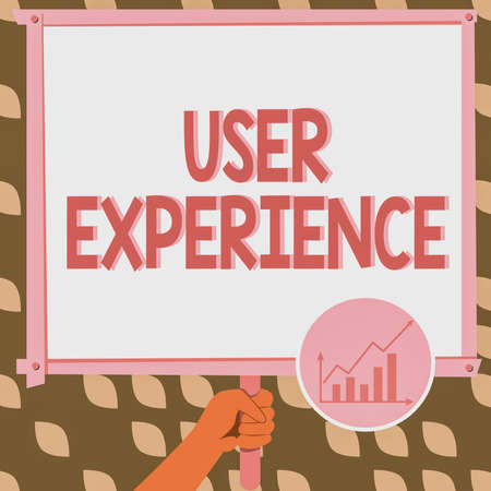 Writing displaying text User Experience. Word for using website especially in terms how pleasing it is to use Hand Holding Panel Board Displaying Latest Financial Growth Strategies.の写真素材
