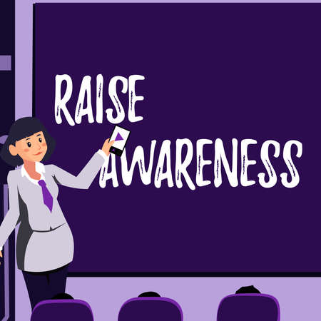 Writing displaying text Raise Awareness. Word for creating a specific messaging campaign about an issue Woman Holding Remote Control Presenting Newest Ideas On Backdrop Screen.の写真素材