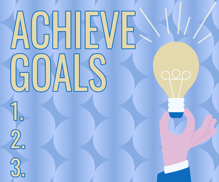 Text sign showing Achieve Goals. Conceptual photo Results oriented Reach Target Effective Planning Succeed Hand Holding Lamp With Formal Outfit Presenting New Ideas For Project,の写真素材
