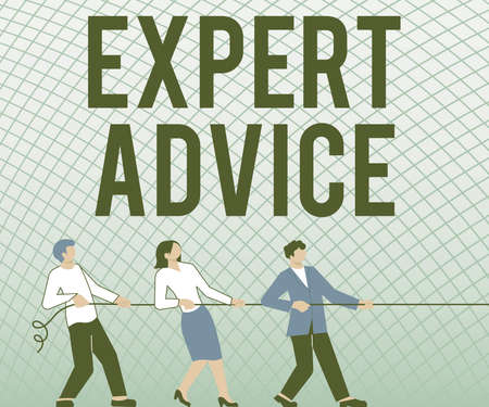 Text showing inspiration Expert Advice. Internet Concept Sage Good Word Professional opinion Extensive skill Ace Three Colleagues Pulling Rope Together Presenting Teamwork Success Plans.の写真素材