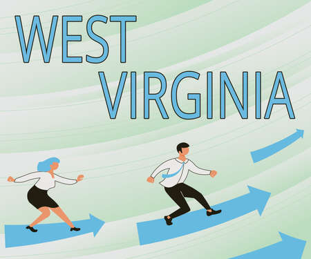 Sign displaying West Virginia. Word Written on United States of America State Travel Tourism Trip Historical Man Holding Screen Of Mobile Phone Showing The Futuristic Technology.の写真素材