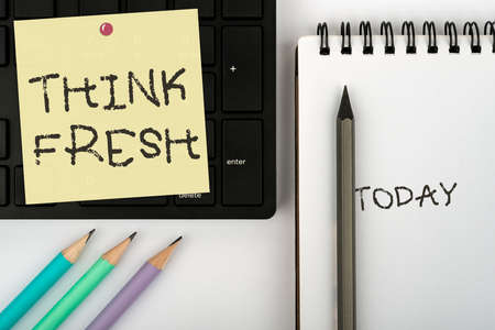 Handwriting text Think Fresh. Word for Thinking on natural ingredients Positive good environment Computer Keyboard And Symbol.Information Medium For Communication.の写真素材