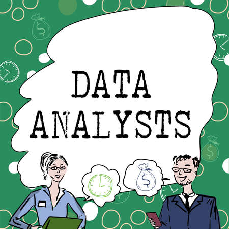 Text showing inspiration Data Analysts. Word Written on Programmer Design and Create Report Identifies patterns Team Members Looking At Whiteboard Brainstorming New Solutions.の写真素材
