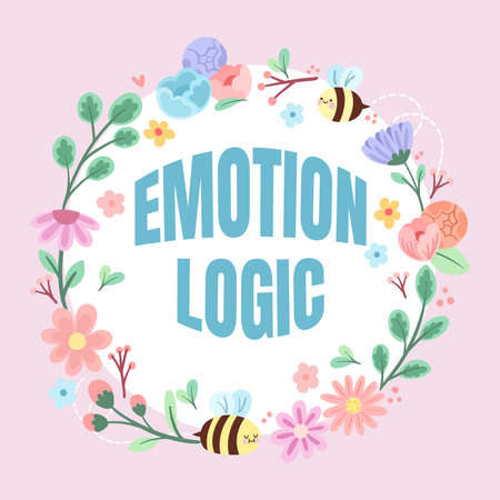 Text sign showing Emotion Logic. Word Written on Heart or Brain Soul or Intelligence Confusion Equal Balance Frame Decorated With Colorful Flowers And Foliage Arranged Harmoniously.の写真素材