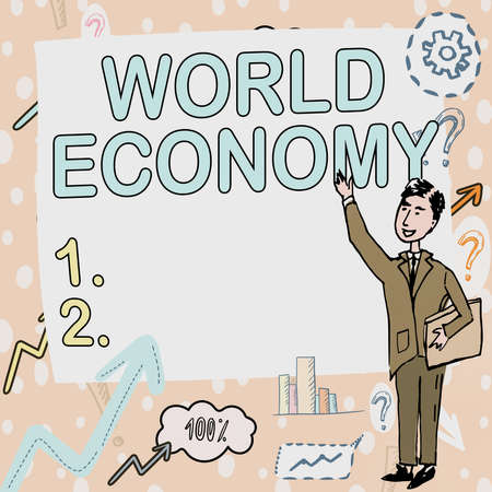 Handwriting text World Economy. Business showcase Global Worldwide International markets trade money exchange Gentleman Drawing Standing Pointing Finger In Blank Whiteboard.の写真素材