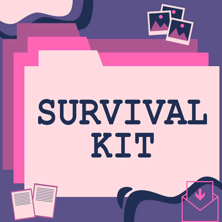Hand writing sign Survival Kit. Business approach Emergency Equipment Collection of items to help someone Desktop Folders Inside Web Browser Showing Recent Technology.の写真素材