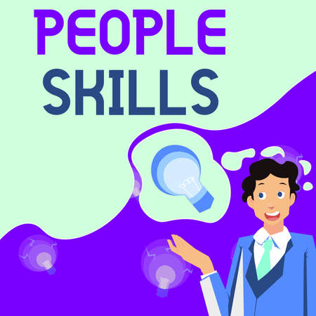 Conceptual display People Skills. Word for Get Along well Effective Communication Rapport Approachable Man presenting innovative ideas achieving successful project completion.の写真素材
