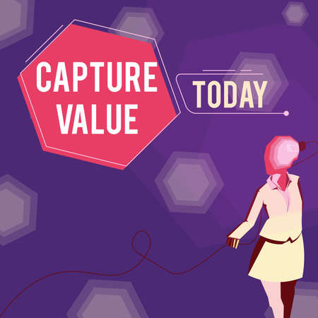 Handwriting text Capture Value. Business concept Customer Relationship Satisfy Needs Brand Strength Retention Lady wearing suit with a head full of ideas represented by a light bulb.の写真素材