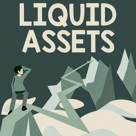 Writing displaying text Liquid Assets. Word Written on Cash and Bank Balances Market Liquidity Deferred Stock Man watching horizon arrow pointing symbolizing future project success.の写真素材