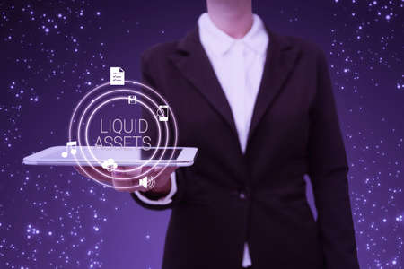 Text caption presenting Liquid Assets. Concept meaning Cash and Bank Balances Market Liquidity...