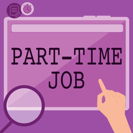 Text sign showing Part Time Job. Internet Concept Weekender Freelance Casual OJT Neophyte Stint Seasonal Hand Using Big Tablet Searching Plans For New Amazing Ideasの写真素材