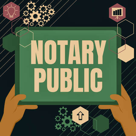 Writing displaying text Notary Public. Concept meaning Legality Documentation Authorization Certification Contract Hand Using Big Tablet Searching Plans For New Amazing Ideasの写真素材