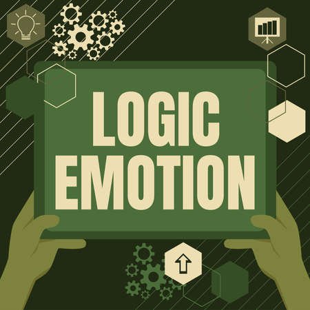 Sign displaying Logic Emotion. Concept meaning Unpleasant Feelings turned to Self Respect Reasonable Mind Hand Using Big Tablet Searching Plans For New Amazing Ideasの写真素材