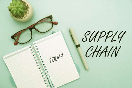 Writing displaying text Supply Chain. Concept meaning System of organization and processes from supplier to consumer Flashy School Office Supplies, Teaching Learning Collections, Writing Tools,の写真素材