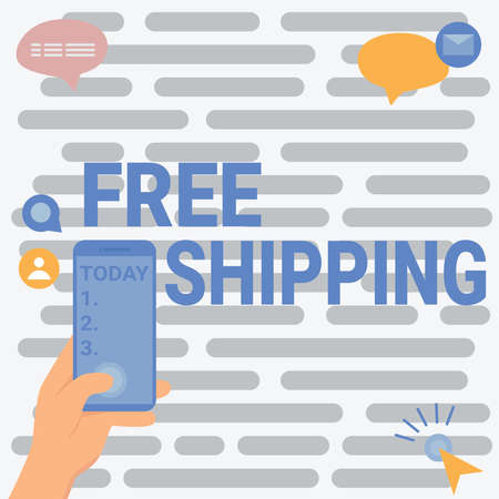 Conceptual display Free Shipping. Word for Freight Cargo Consignment Lading Payload Dispatch Cartage Hands Holding Technological Device Pressing Application Button.の写真素材