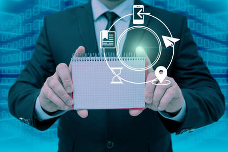 Businessman in suit holding notepad symbolizing successful teamwork accomplishing newest project...