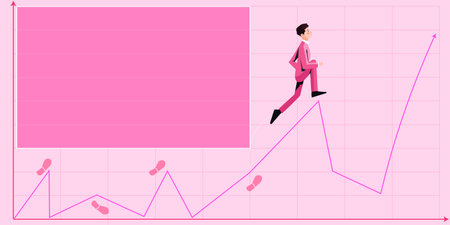 Businessman in suit climbing upwards growth chart representing project success achieving goals. Man working up financial ladder symbolizing successful finance accomplishment.のイラスト素材