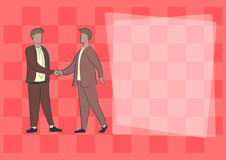 Two colleagues shaking hands congratulating successful teamwork accomplishing newest project plans. Partners being congratulated managing combined effort successfully.のイラスト素材