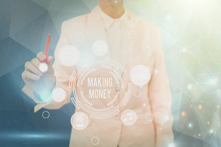 Writing displaying text Making Money. Business concept Giving the opportunity to make a profit Earn financial support Lady in suit holding pen symbolizing successful teamwork accomplishments.の写真素材