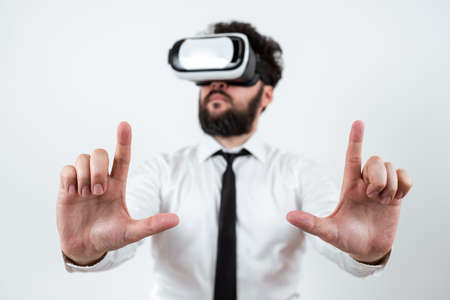 Man Wearing Vr Glasses And Presenting Important Messages Between Hands. Businessman Having Virtual...