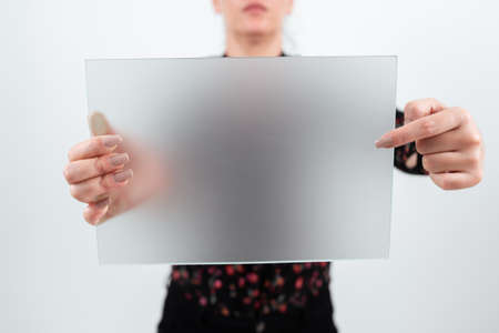 Businesswoman Holding And Pointing At Blank Placard While Making Crucial Announcement. Woman Showing...