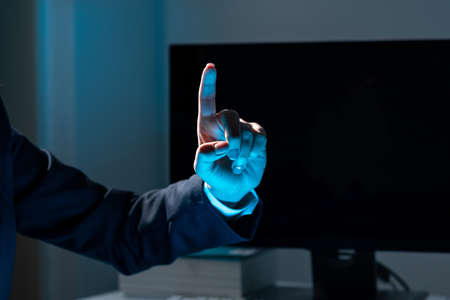 Businesswoman Pointing With One Finger On Important Messages. Executive In Suit Presenting Crutial Informations. Woman Showing Critical Announcements.の写真素材