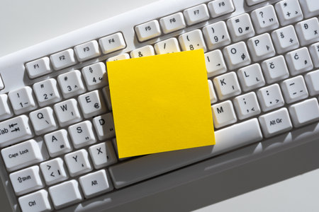 Important Messages Written On Note On Desk Above Keyboard. Crutial Informations Presented On Memo On...