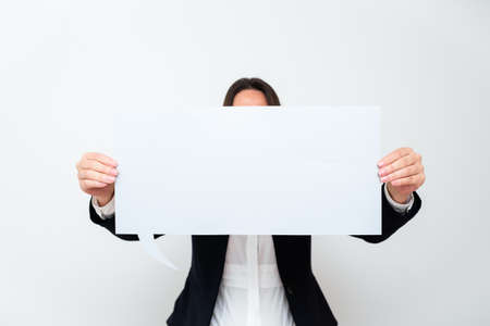 Businesswoman Holding Speech Bubble With Important Messages. Woman Presenting Crutial Informations...