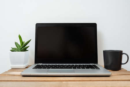 Lap Top With Important Informations On Table With Plant And Cup Of Coffee. Crutial Announcements Presented On Computer Screen On Desk With Flower And Mug.の写真素材