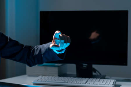 Businesswoman Pointing With One Finger On Important Messages. Executive In Suit Presenting Crutial...