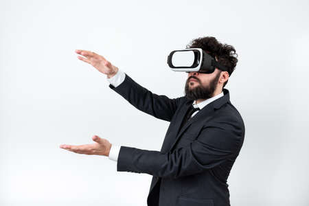 Man Wearing Vr Glasses And Presenting Important Messages Between Hands. Businessman Having Virtual...