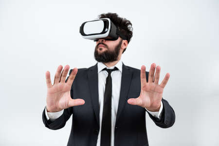 Man Wearing Vr Glasses And Presenting Important Messages Between Hands. Businessman Having Virtual...