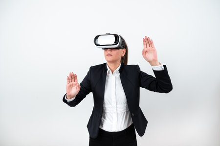 Woman Wearing Vr Glasses And Presenting Important Messages Between Hands. Businesswoman Having...