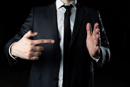 One Finger Pointing Important Infortmations. Hand Presenting Crutial Announcement. Man Showing...