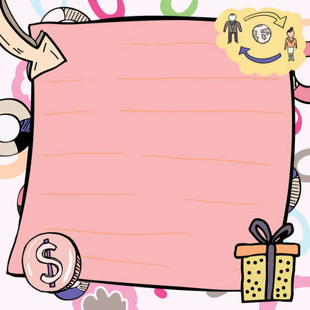 Important Message Written On Note With Gift Drawing. Crutial Informations Presented On Memo With Illustrated Present. Critical Announcements Displayed.のイラスト素材