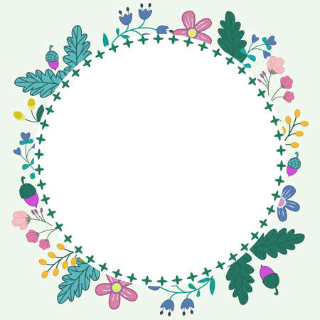 Frame With Leaves And Flowers Around And Important Announcements Inside. Framework With Different Plants All Over And Crutial Informations In. Floral Circle With Recent Ideas.のイラスト素材